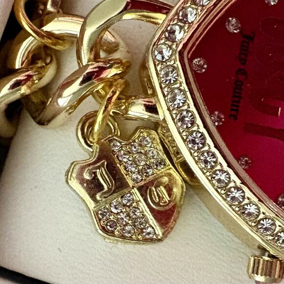 NIB JUICY COUTURE Gold Pink Rhinestone Heart Watch Charm Bracelet Crest Key GIFT - Picture 10 of 16